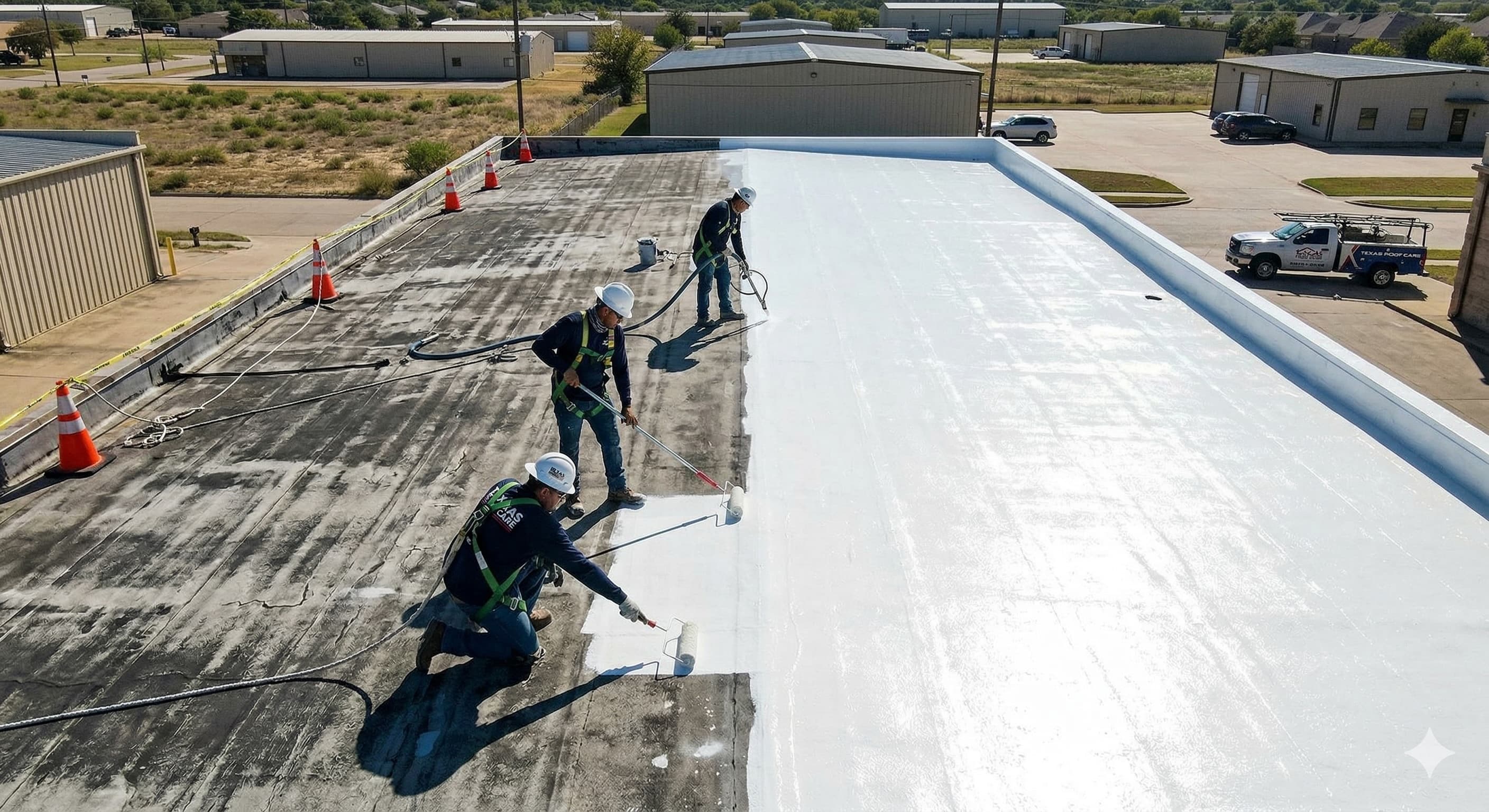 Roof coating application on commercial rooftop